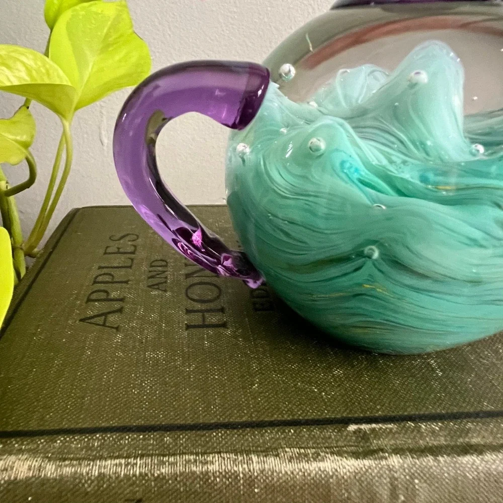Art Glass Teapot Paperweight Teal Swirl Purple Spout Controlled Bubble Decor